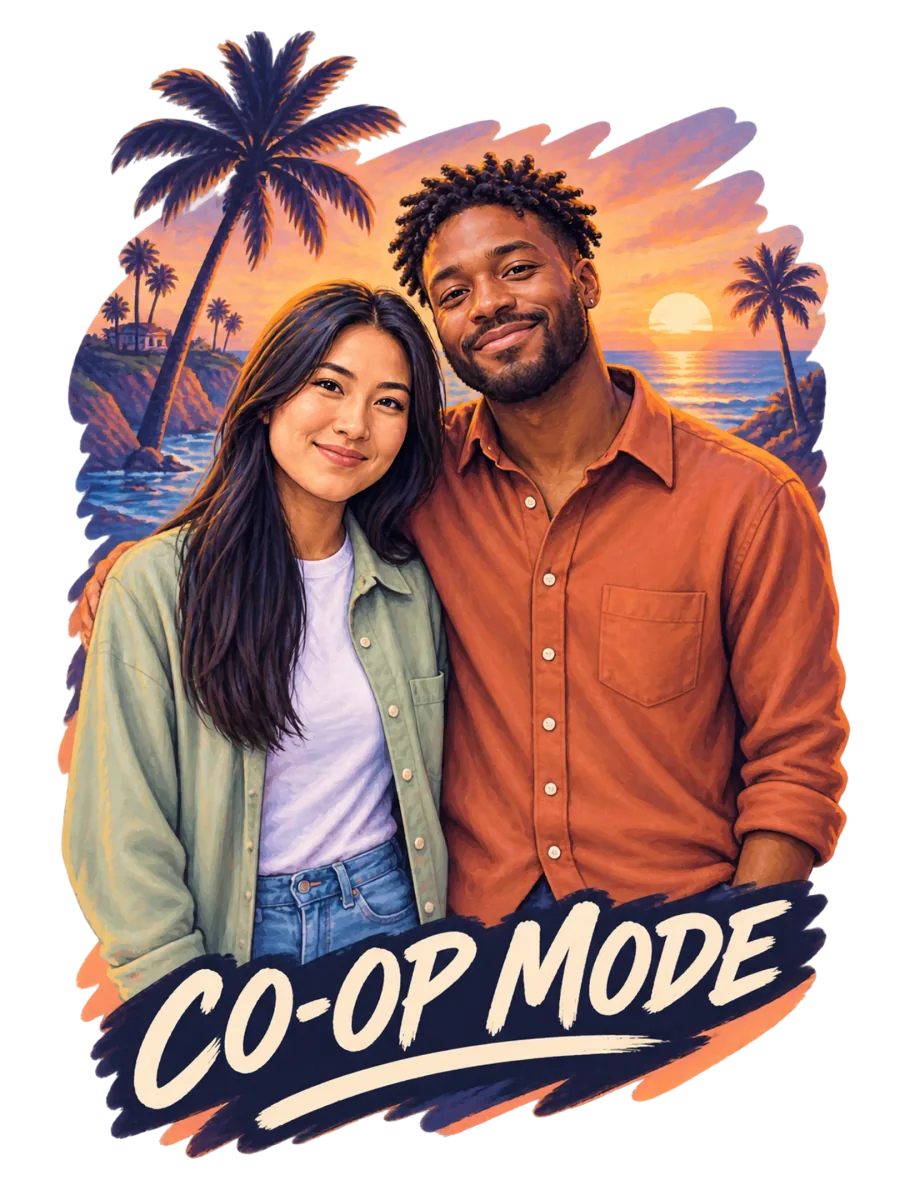 Actual Inkdrop GTA-style couple artwork with long black hair, short twists and a beard, and the words CO-OP MODE