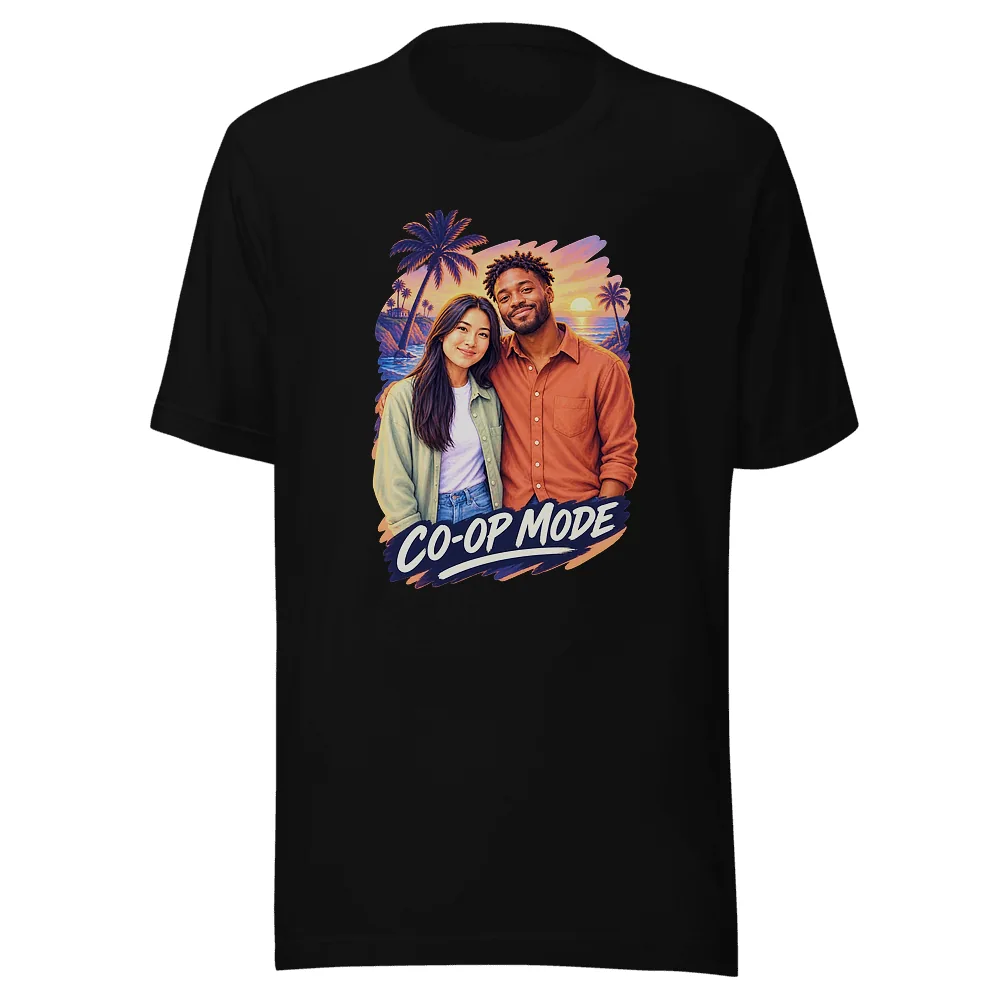 Saved Inkdrop preview of the same CO-OP MODE couple artwork on a black Bella + Canvas tee