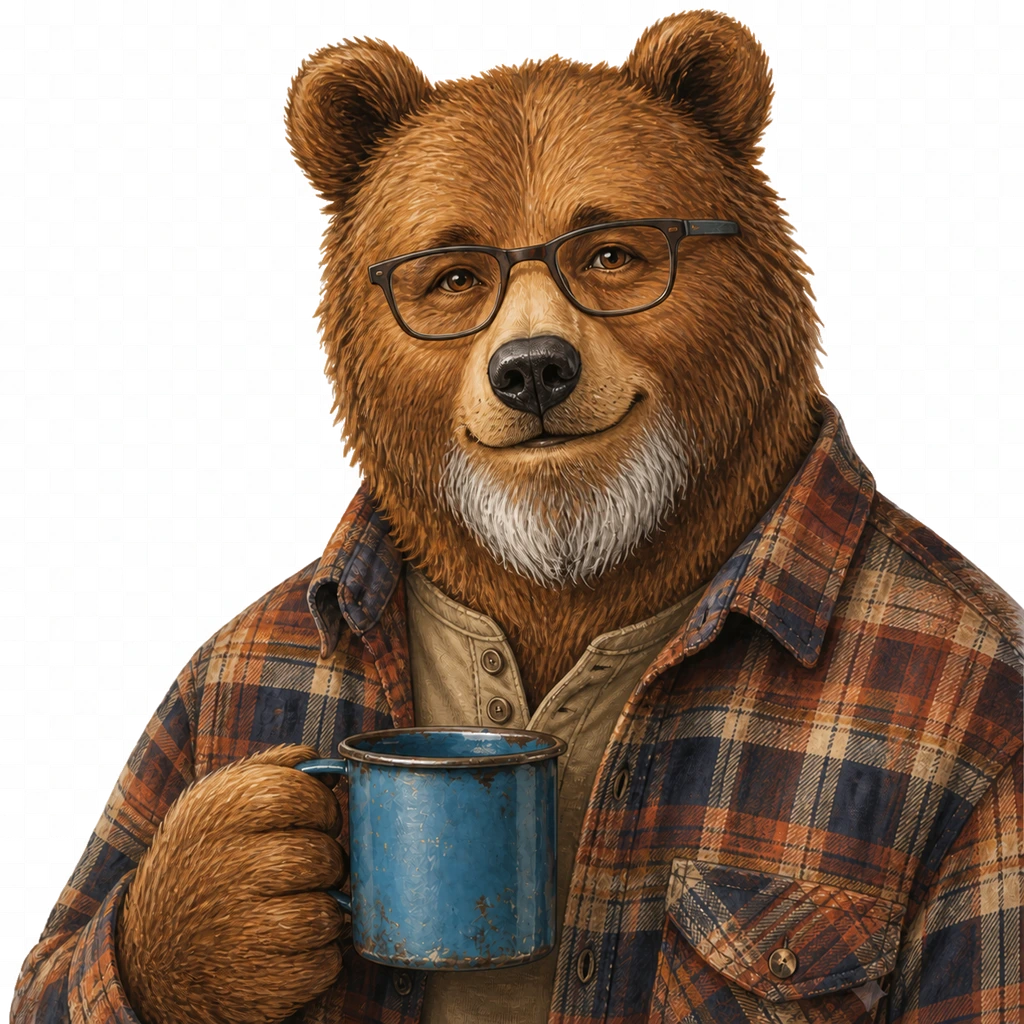 Storybook bear animal counterpart with a salt-and-pepper muzzle, rectangular glasses, plaid overshirt, and blue camp mug