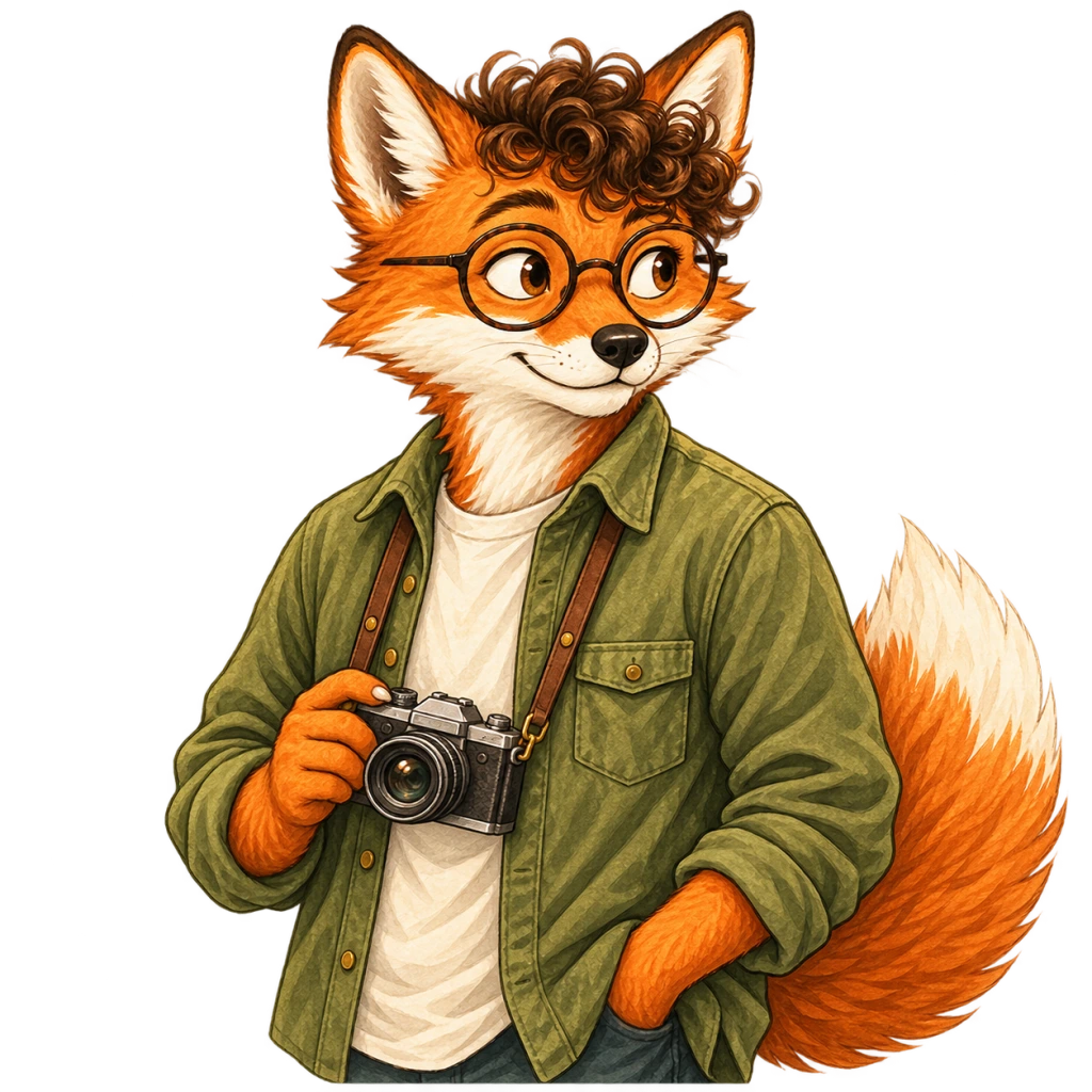 Storybook fox animal counterpart with copper curls, round glasses, a green overshirt, and camera
