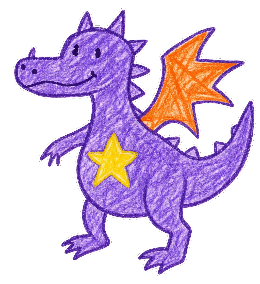 A purple crayon dragon with orange wings and a yellow star, isolated from its paper with brighter print colors