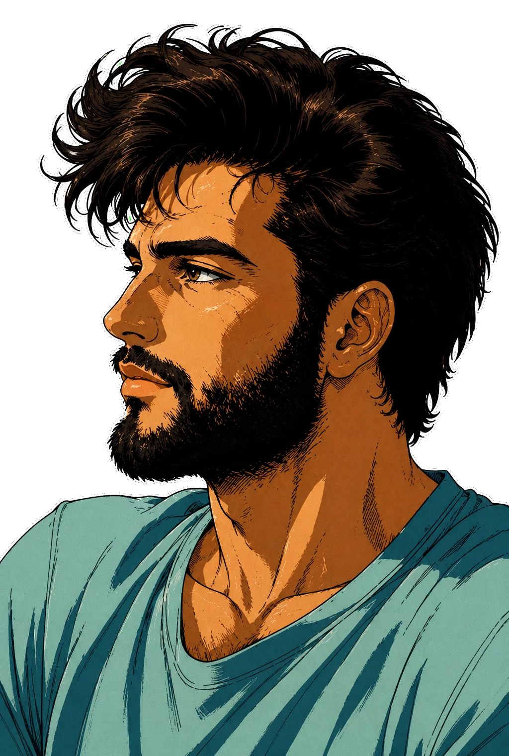 A digital ink-and-color profile portrait of a bearded man, isolated from its background with the hatching intact