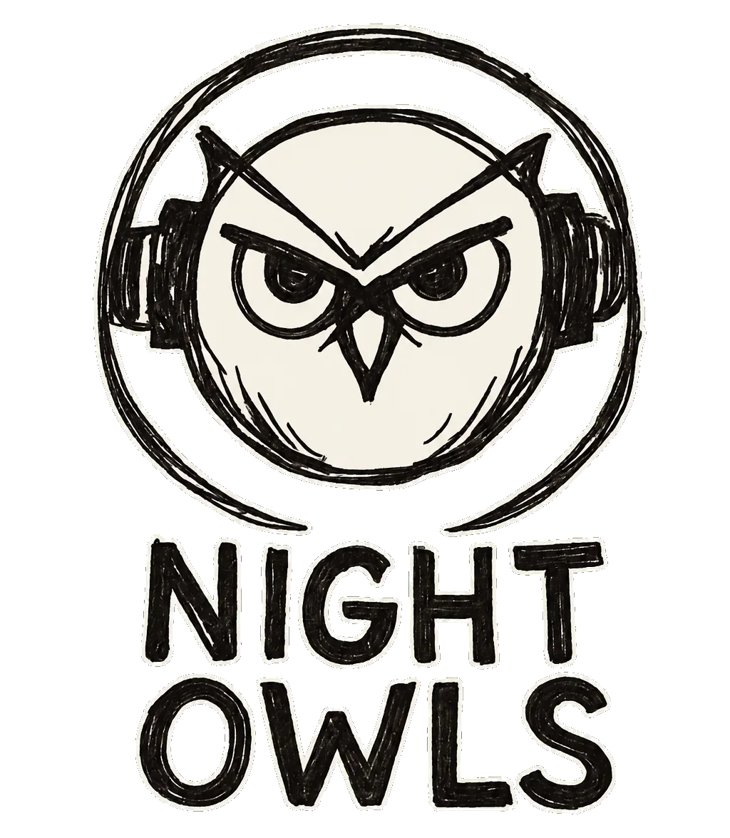 Hand-drawn owl with headphones inside a rough circle above the hand-lettered words NIGHT OWLS, isolated on transparency