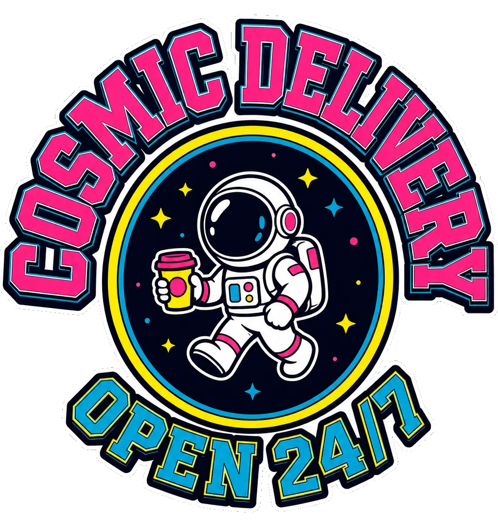 COSMIC DELIVERY and OPEN 24/7 in neon varsity letters wrapped around a circle with a small astronaut carrying a coffee