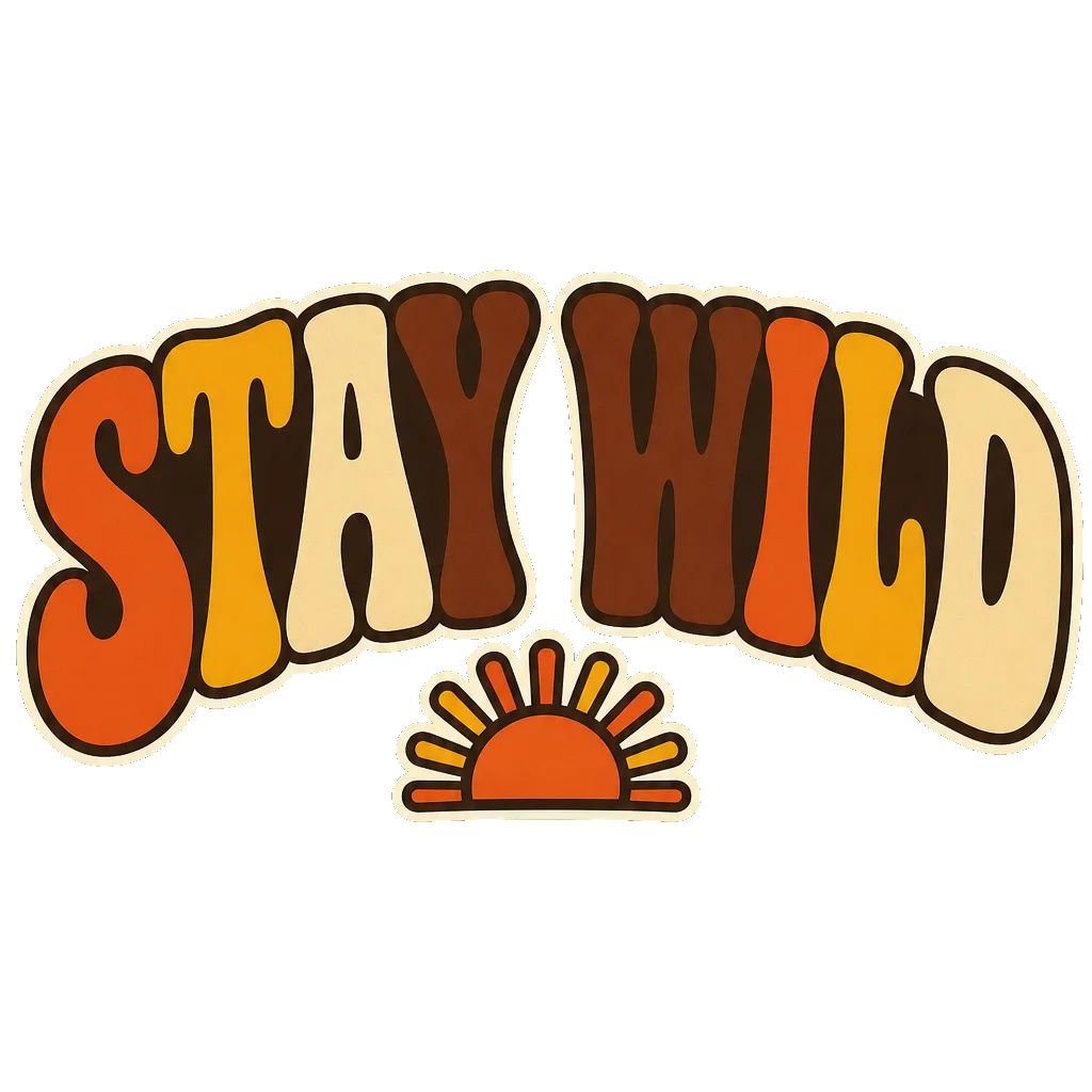 The same words set in chunky arched 1970s lettering with a small rising sun