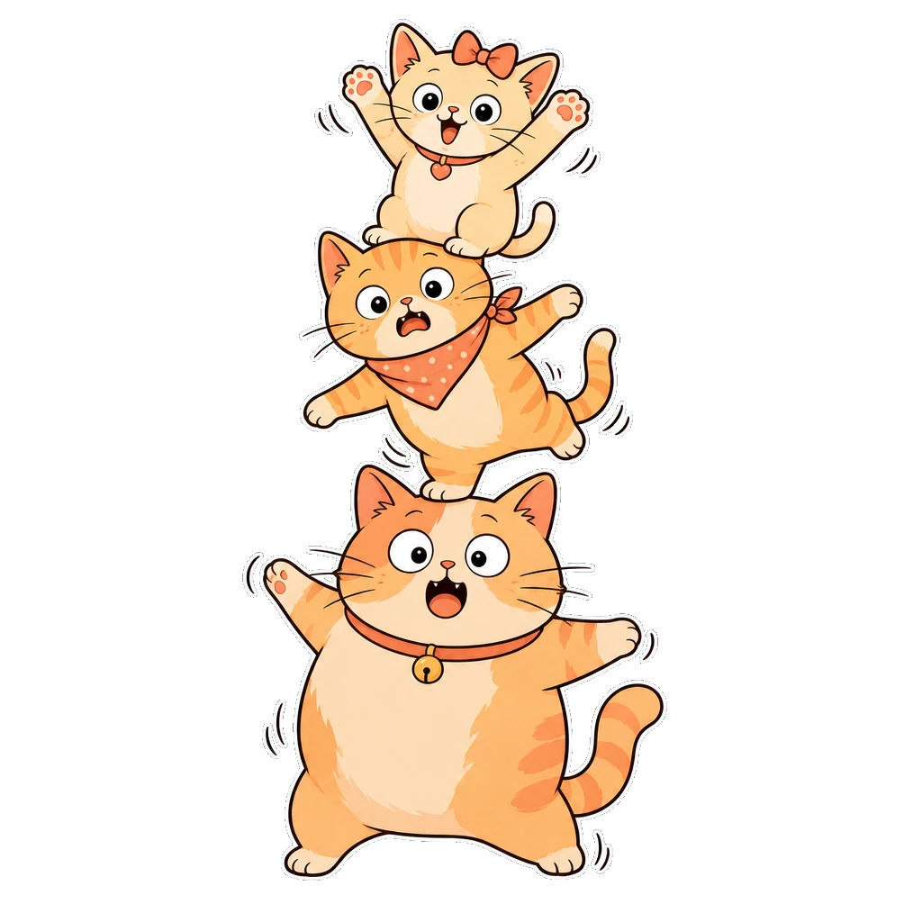 Three original cats—orange tabby, charcoal with a white chest, and cream calico—balanced in a playful vertical stack