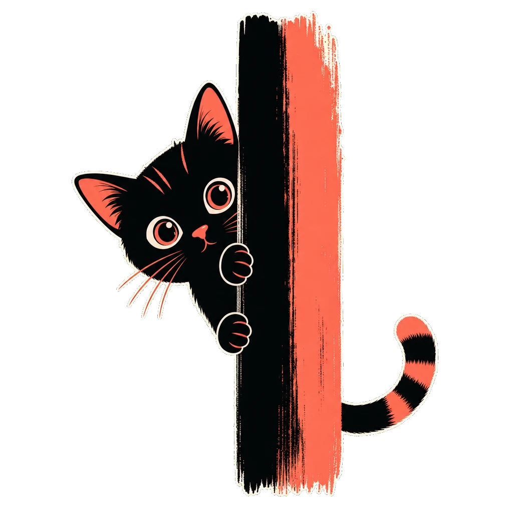 Original cream-and-gray cat with amber eyes and one folded ear peeking around a vertical coral brushstroke
