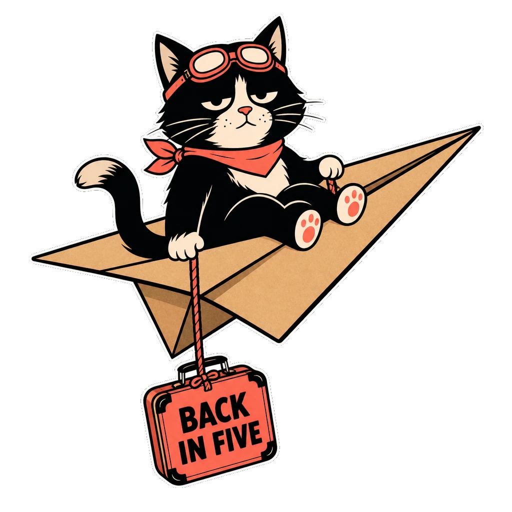 Original tuxedo cat with amber eyes and a coral collar riding a kraft-paper airplane beside a coral lunchbox and Back in Five tag