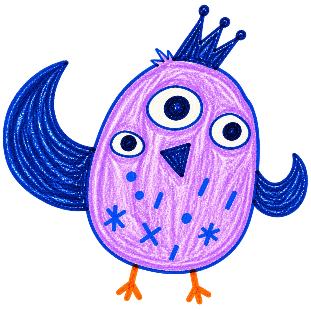 Polished Moon Bird mascot preserving crescent wings, three mismatched eyes, a tiny crown, and lavender-blue marks