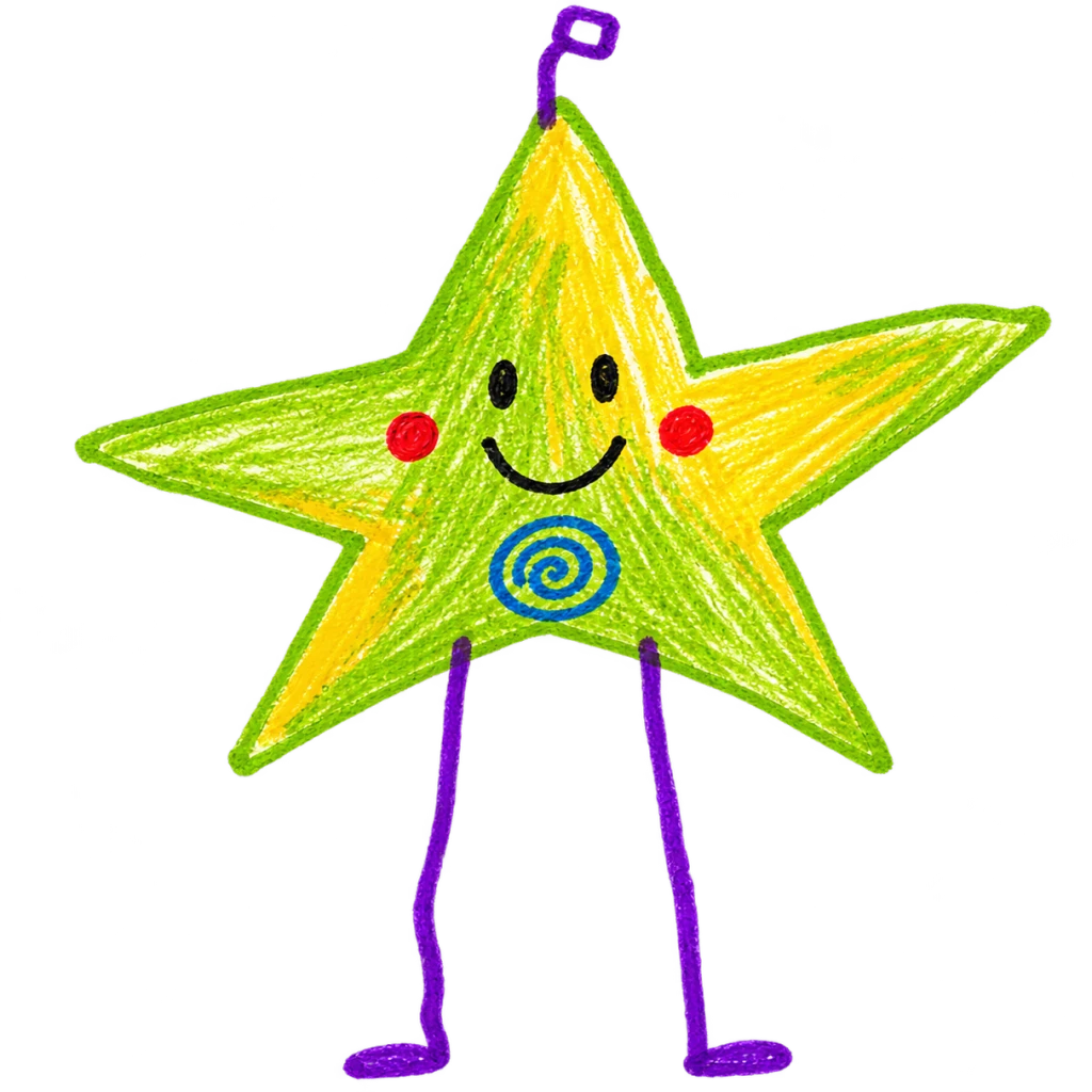 Polished Star Sprout mascot with an uneven five-point shape, very long legs, cheek dots, and bright crayon colors