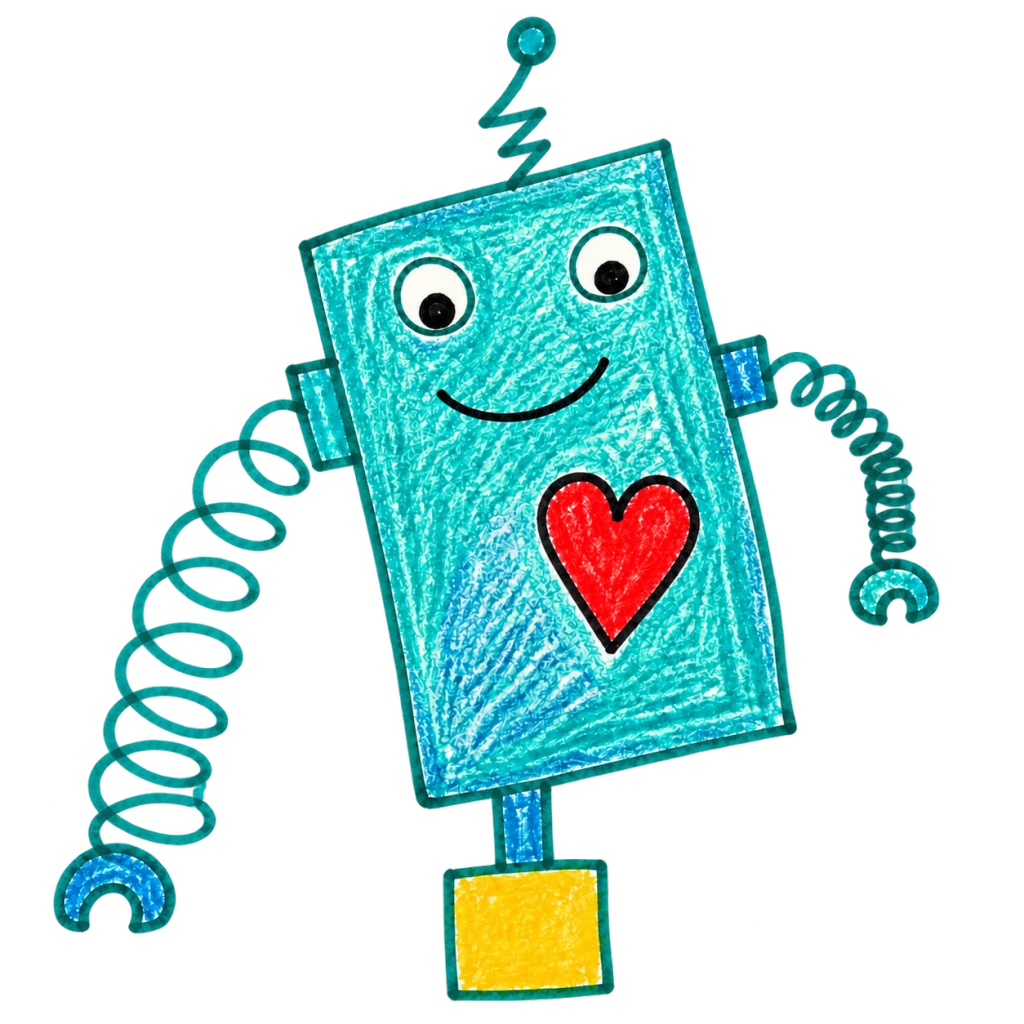 Polished Wobble Bot mascot with a leaning box body, spring arms, one square foot, and an off-center heart panel