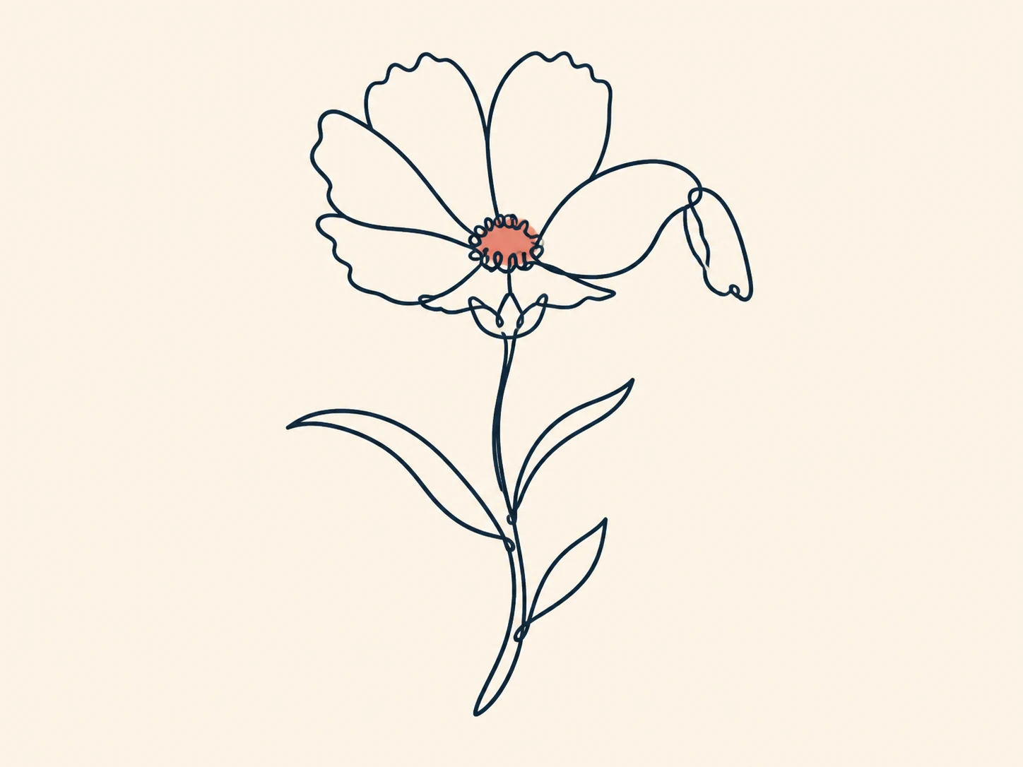 Single continuous contour drawing of an heirloom wildflower with one bent petal