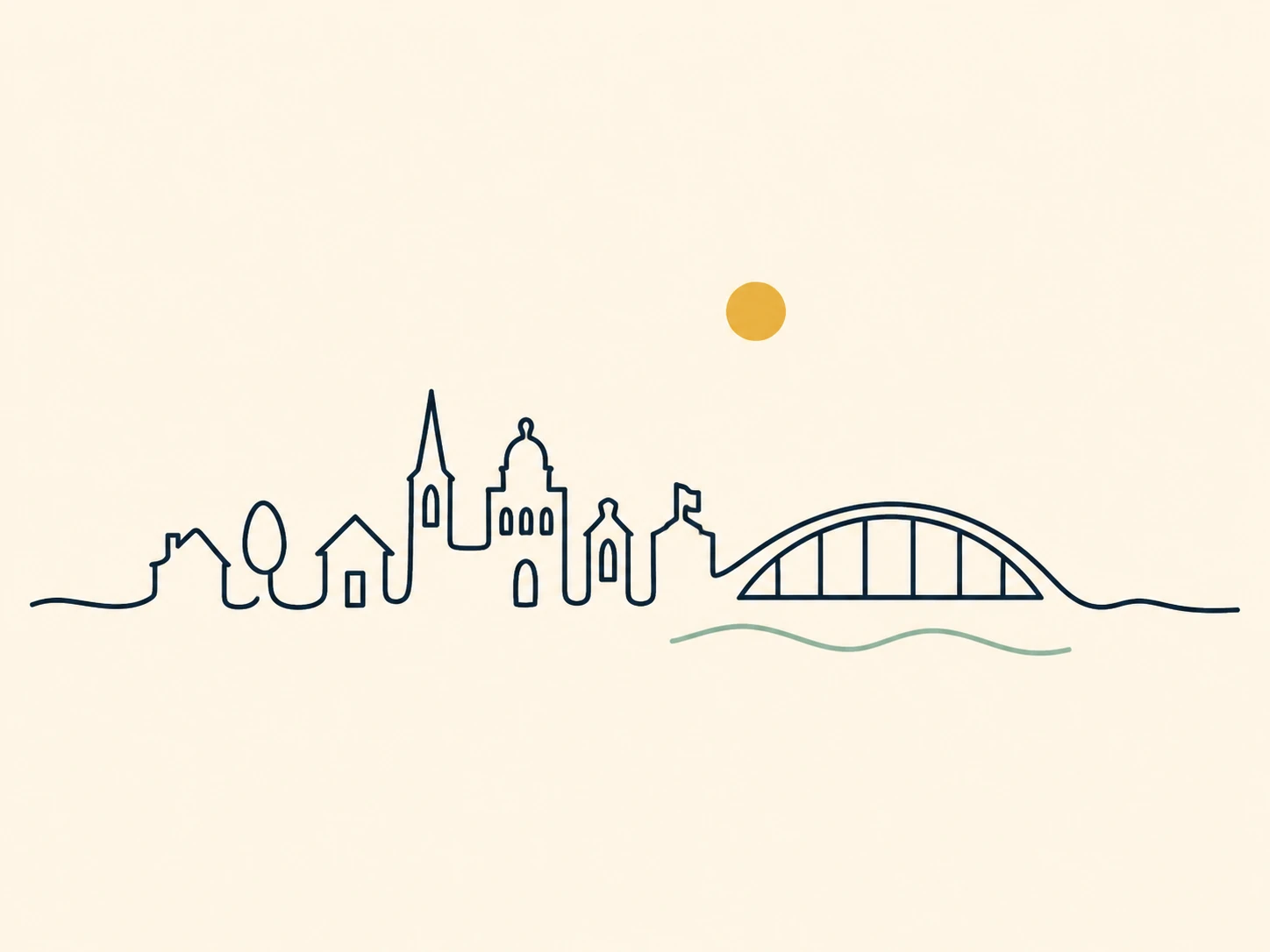 Minimal geometric line drawing of a small skyline joined by an arched bridge