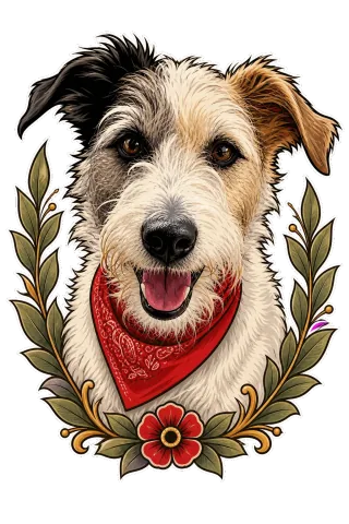The same terrier as a tattoo-flash portrait framed by leaves