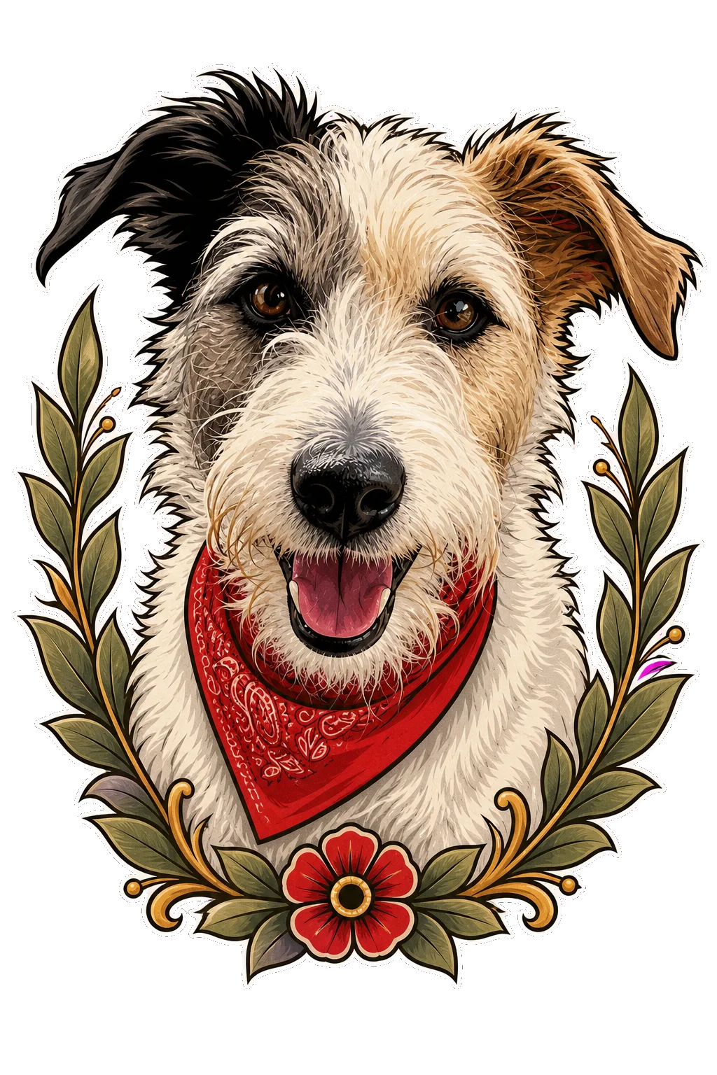 The same terrier as a tattoo-flash portrait framed by leaves