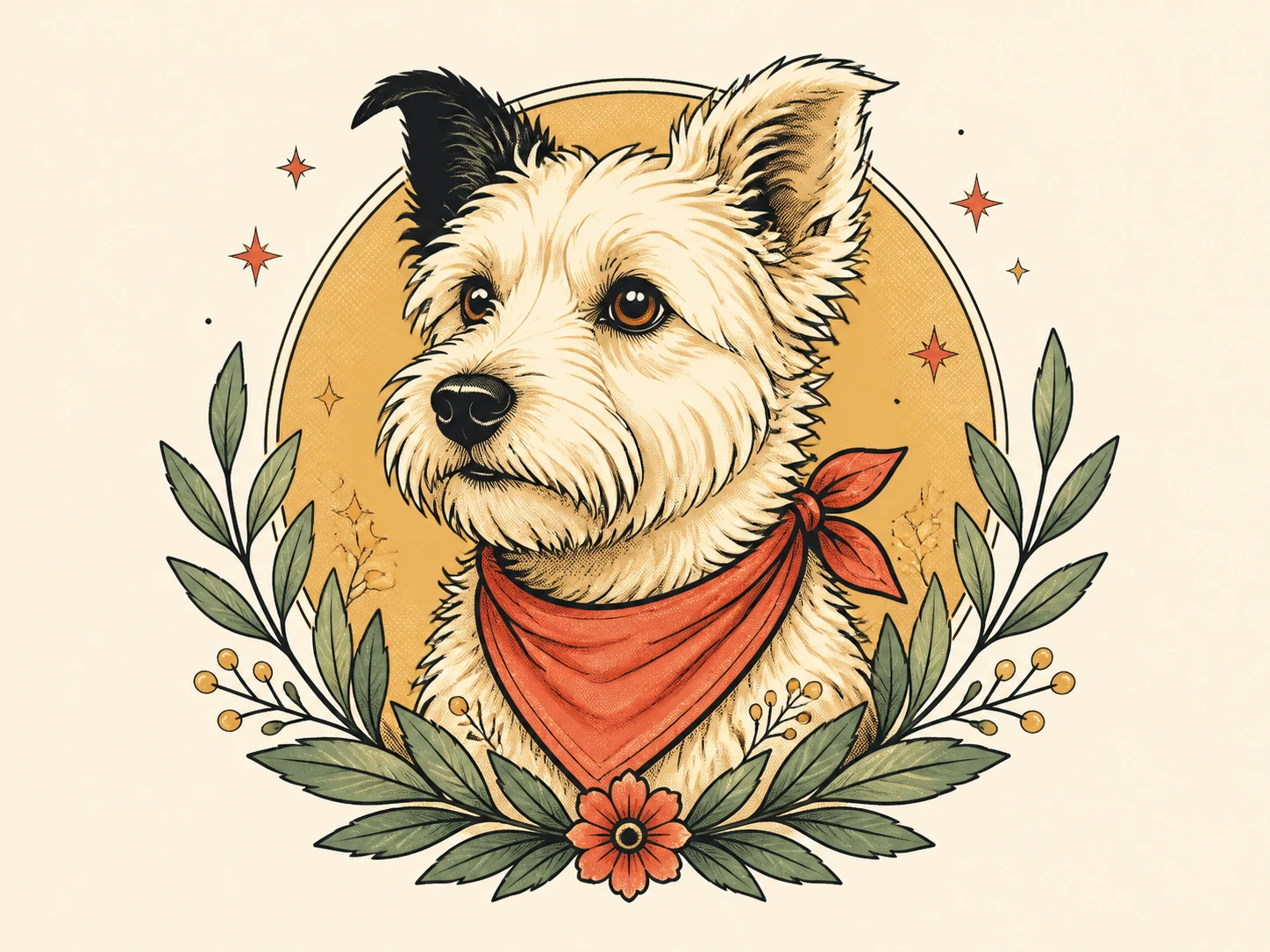 Tattoo-flash terrier portrait with one black ear and a red bandana