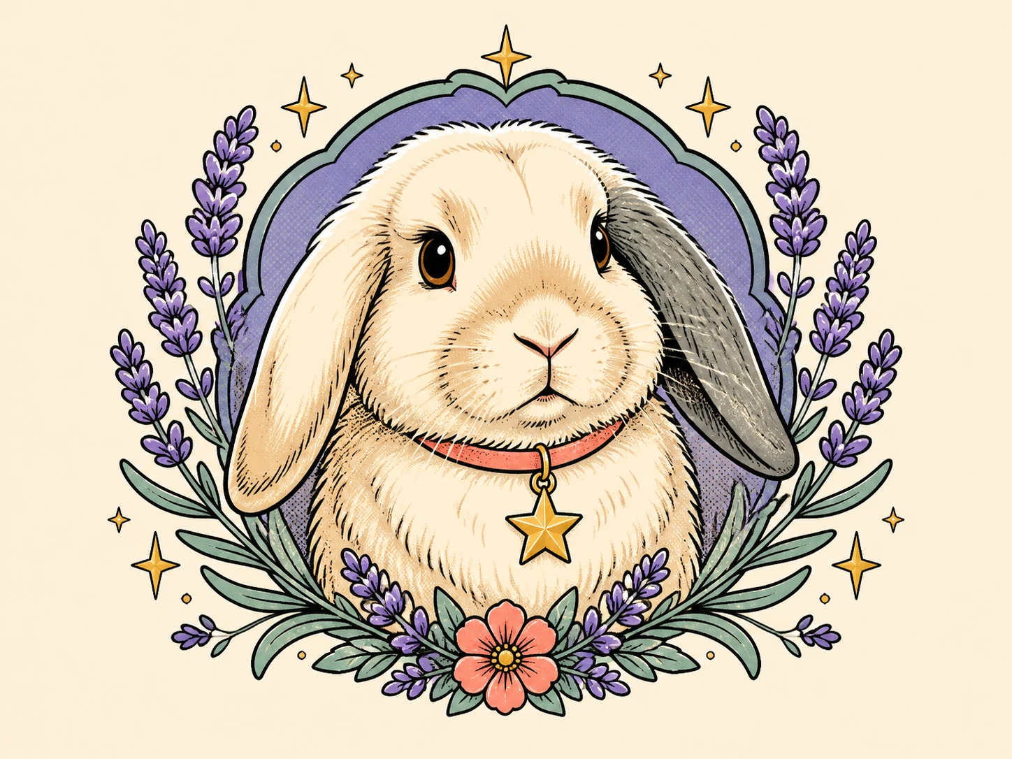 Gentle lop-eared rabbit portrait with one gray ear and a tiny star collar