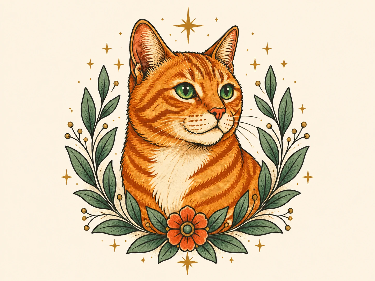 Regal orange tabby portrait with green eyes, white chest, and wildflowers