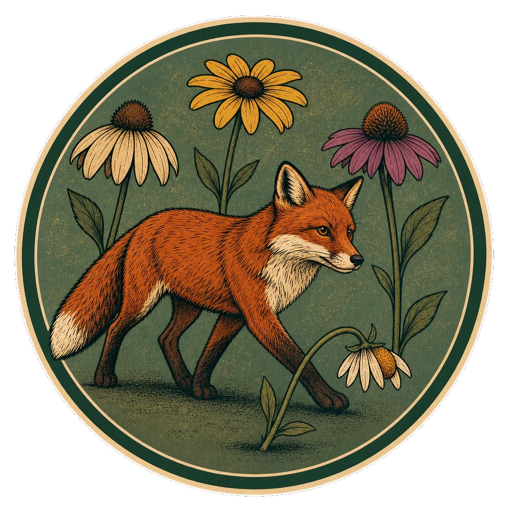 Round forest-color badge with a red fox moving through wildflowers