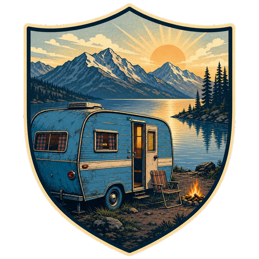 Shield-shaped retro badge with an old blue camper beside a mountain lake at dawn