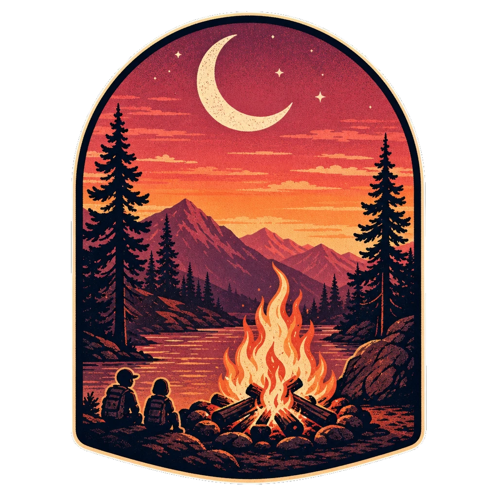 Arched retro badge with a campfire under a crescent moon and two tiny hikers