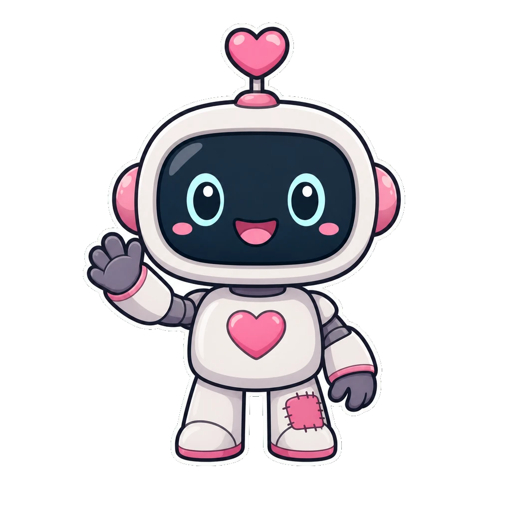 Friendly robot sticker mascot with a heart antenna and patched knee