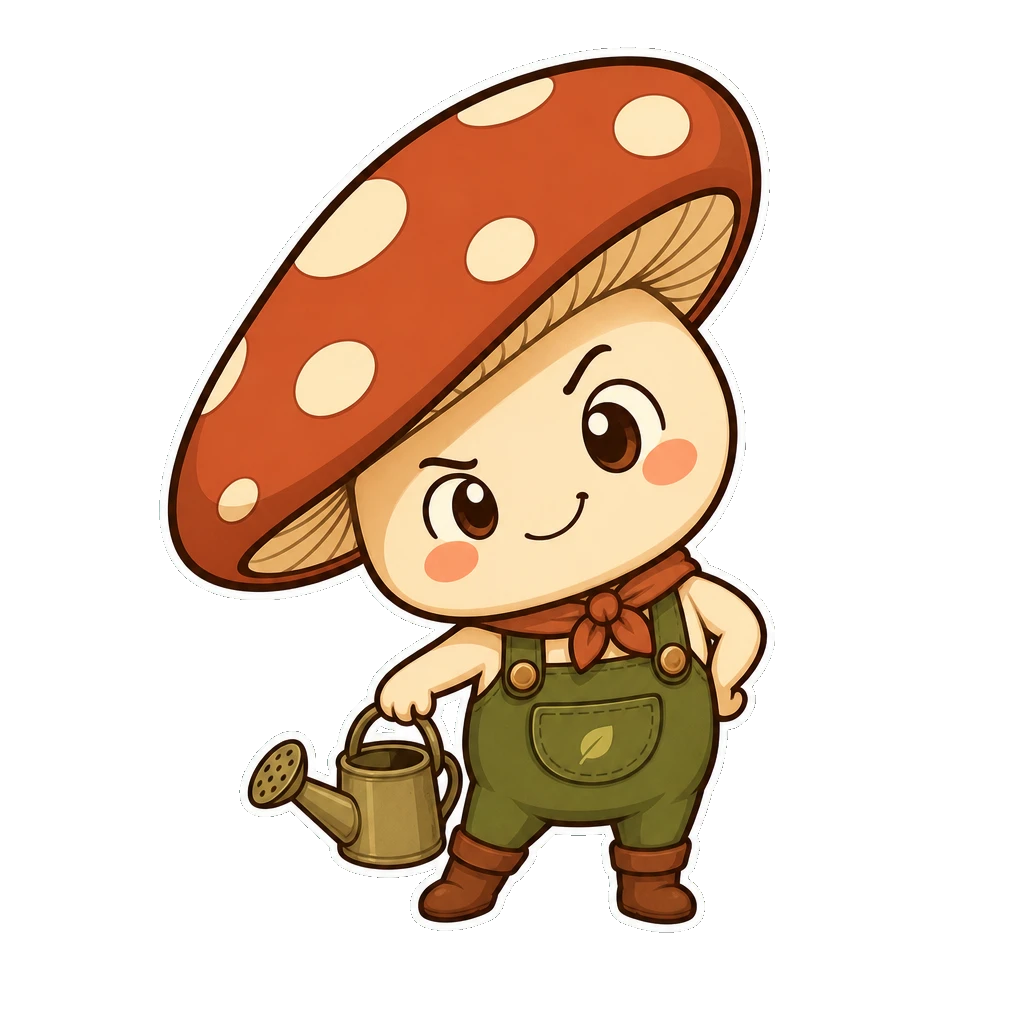 Mischievous mushroom gardener sticker mascot holding a watering can