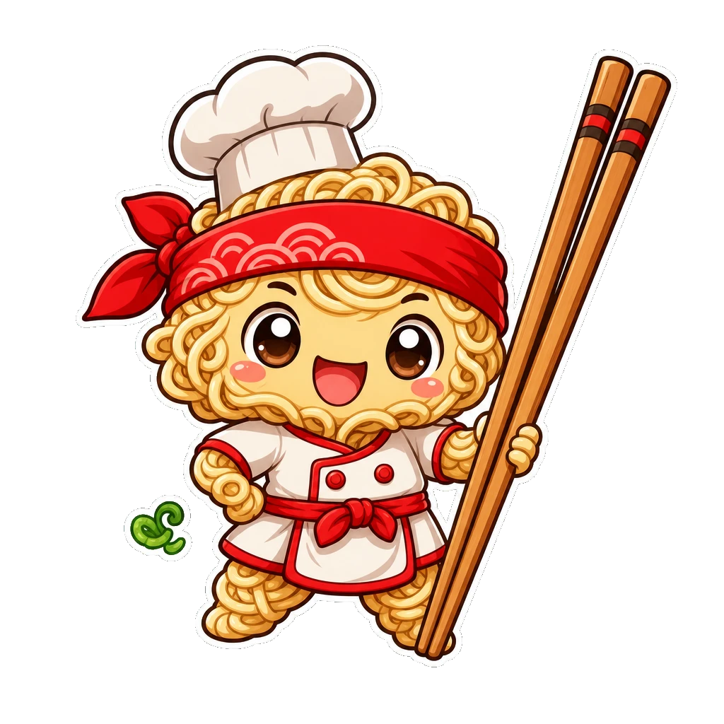 Cheerful ramen chef sticker mascot with a red bandana and oversized chopsticks