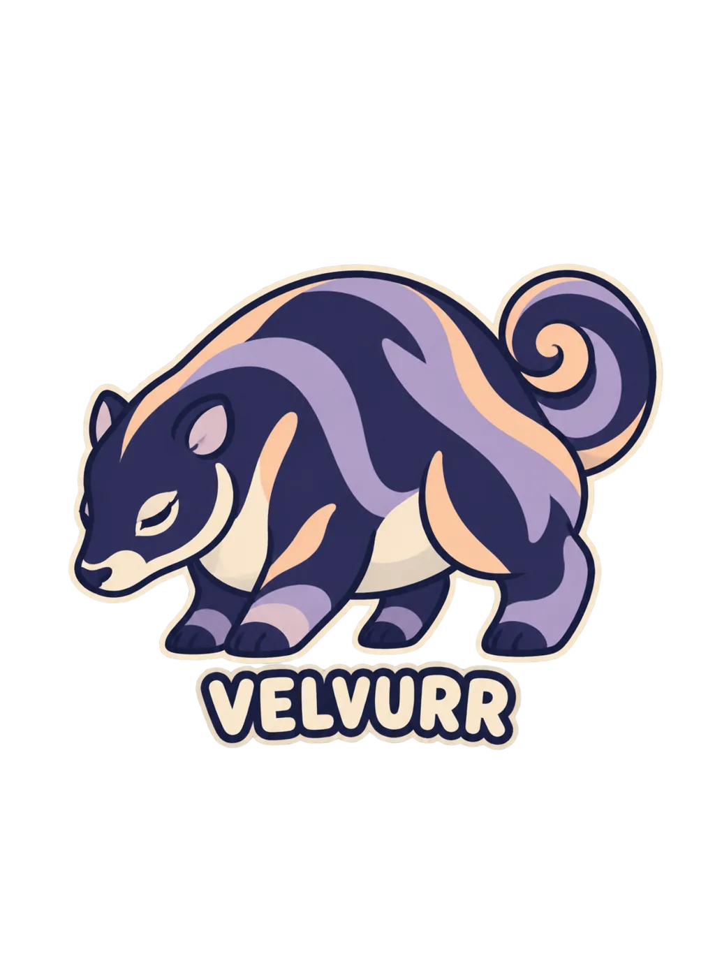 A gentle round heavy-bodied creature with lilac and indigo stripes, a soft cream chest ruff, small folded ears and a curled spiral tail rests in profile, with the name VELVURR printed once beneath it