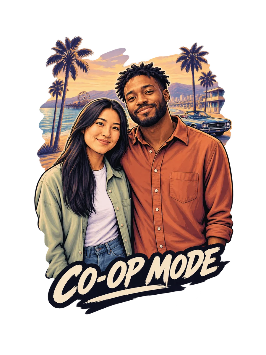 Actual Inkdrop GTA-style couple artwork with long black hair, short twists and a beard, and the words CO-OP MODE