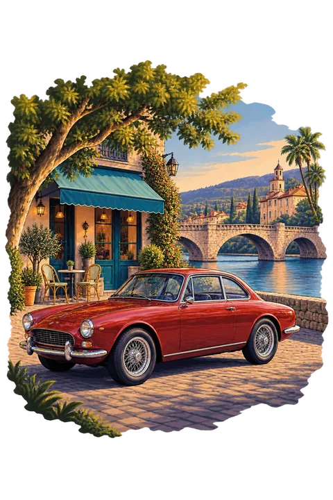 Inkdrop GTA-style scene keeping the red coupe, teal café awning and stone bridge with illustrated palms