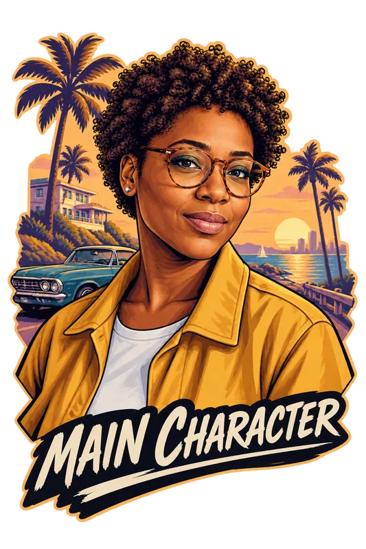 The same woman reimagined by Inkdrop in a GTA-style coastal illustration