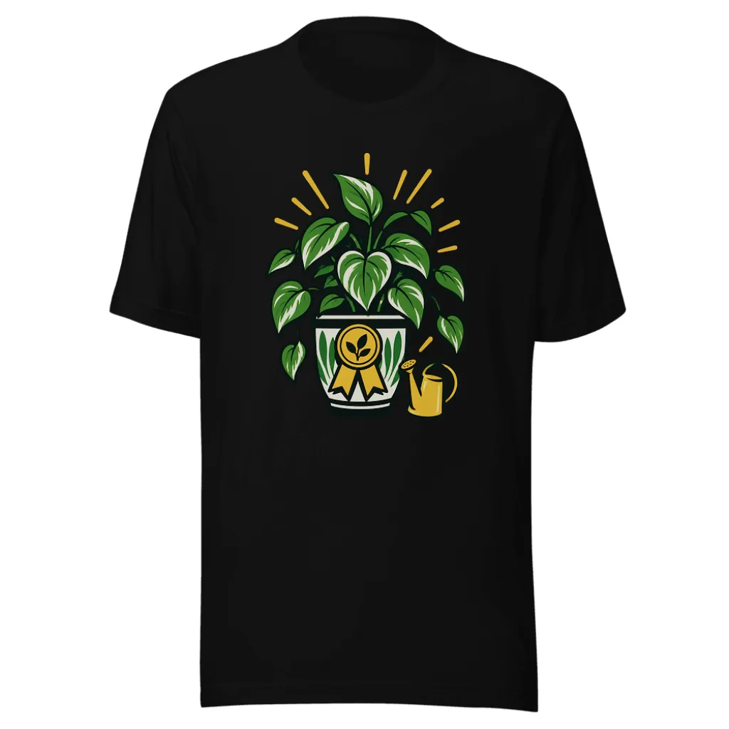 The thriving houseplant badge on a black T-shirt