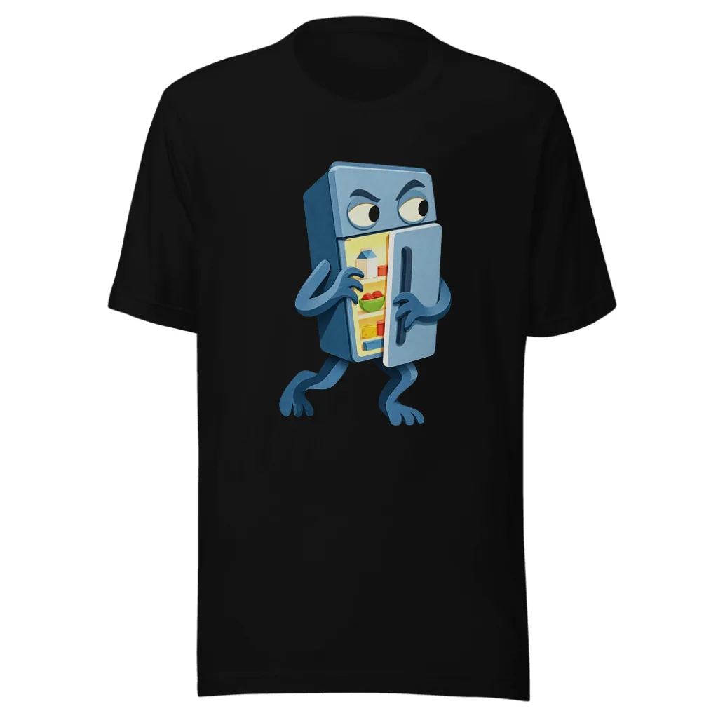 The sneaking blue refrigerator mascot on a black T-shirt