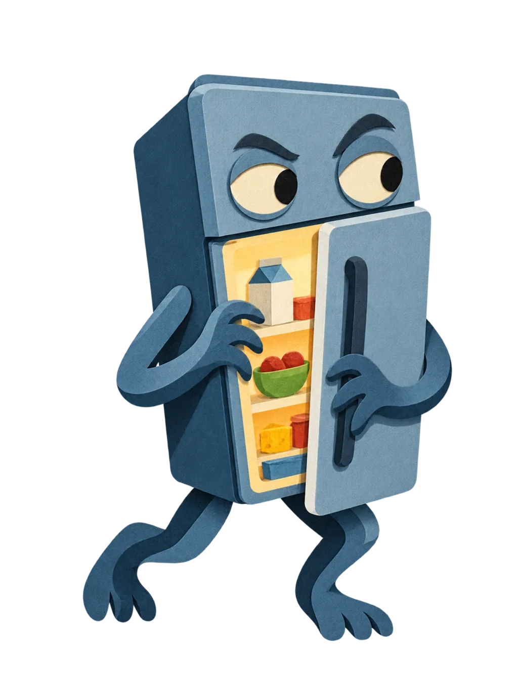 A blue paper-cut refrigerator creature sneaking sideways with its door ajar
