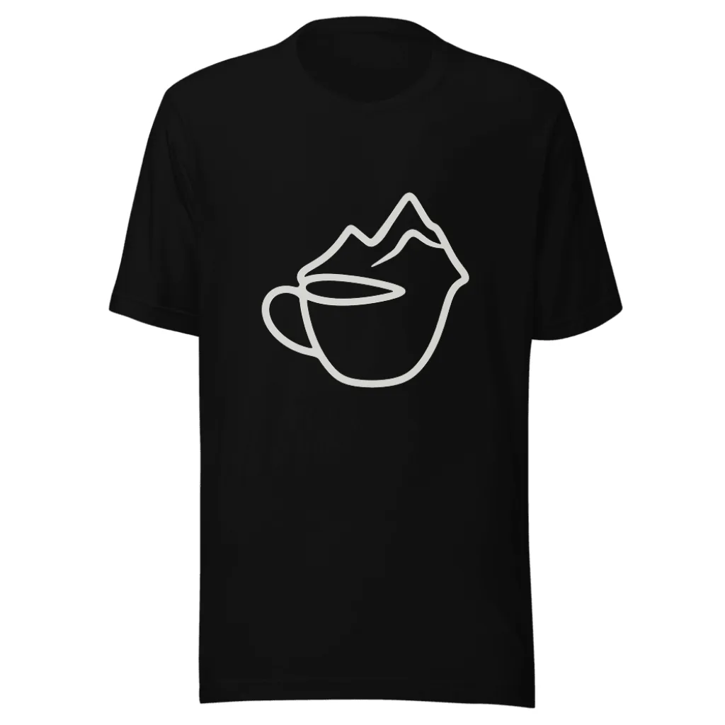 The shared coffee-and-mountain outline in ivory on a black T-shirt