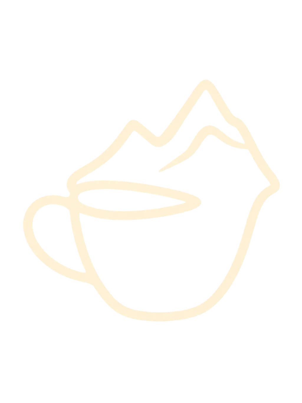 An ivory line that joins a coffee cup and mountain peaks in one outline