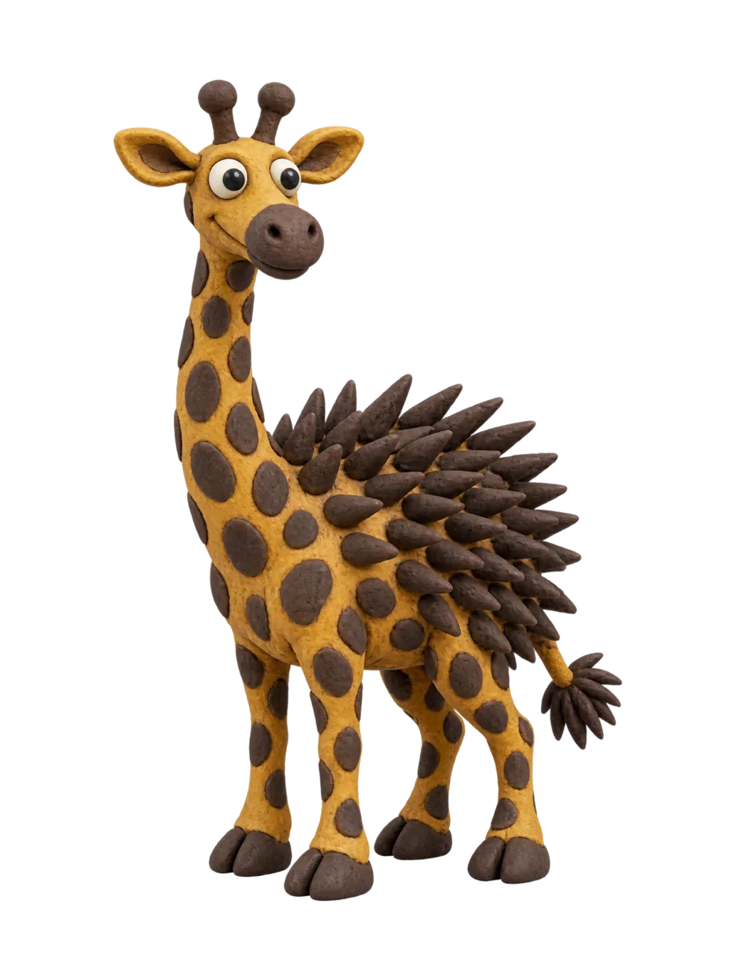 A claymation giraffe with porcupine quills along its back, big friendly eyes and a smile