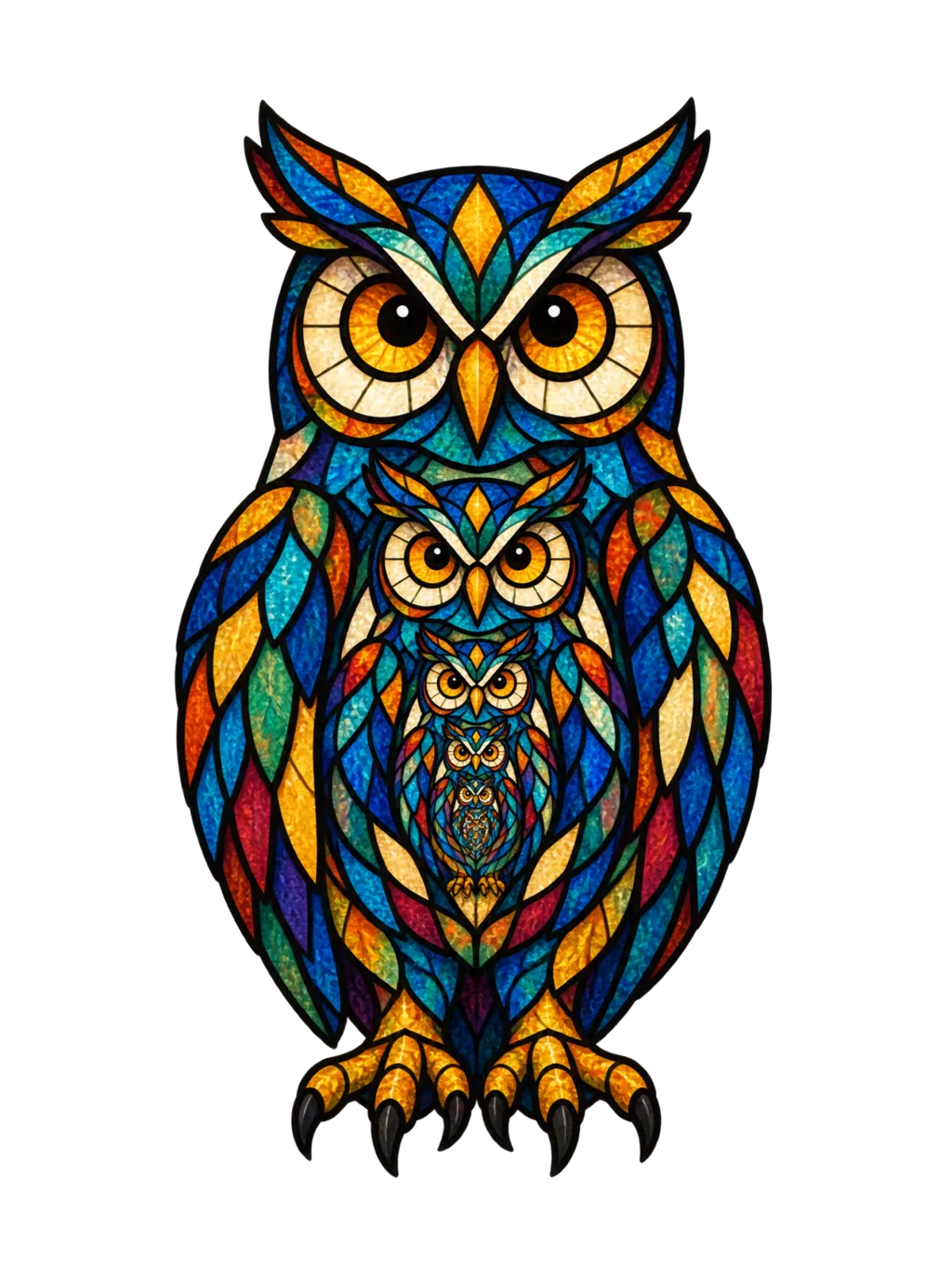 A stained-glass owl with a smaller owl inside it, and a smaller one inside that, in blue, gold and red glass