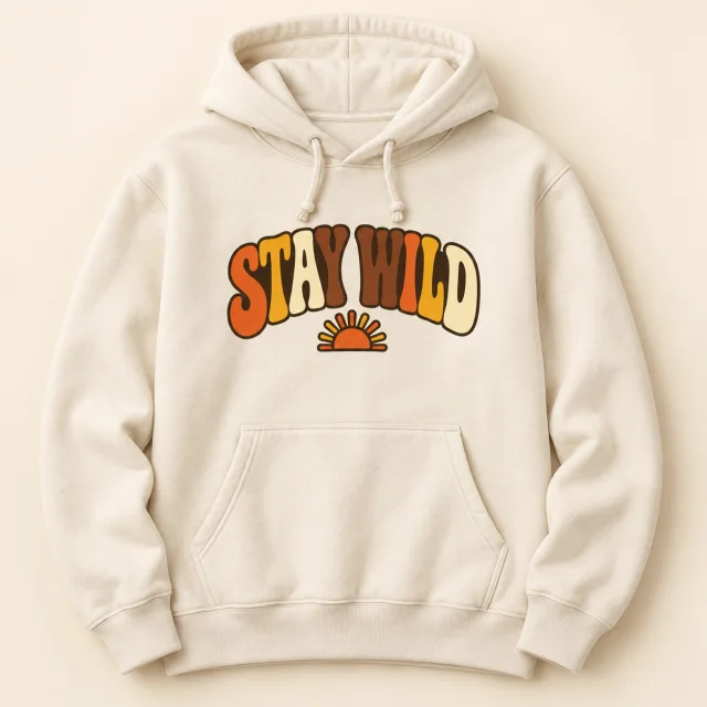Example mockup of the Stay Wild design printed on a cream hoodie