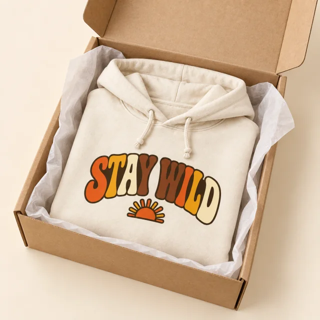 Illustration of the same Stay Wild hoodie packed for delivery