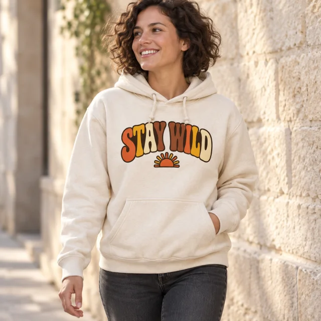 Illustration of a person wearing the same cream Stay Wild hoodie