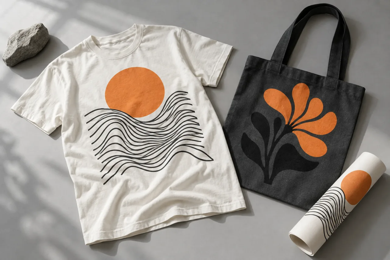 Custom printed clothing and a tote bag in a bright studio