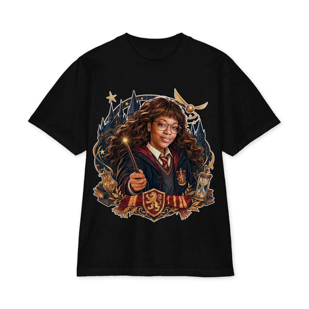 Harry Potter-inspired personalized wizard portrait on a black T-shirt