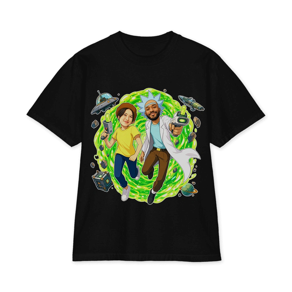 Rick and Morty-inspired portal adventure artwork on a black T-shirt