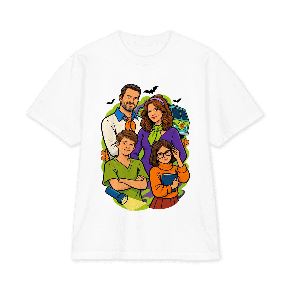 Scooby-Doo-inspired cartoon mystery crew portrait on a white T-shirt