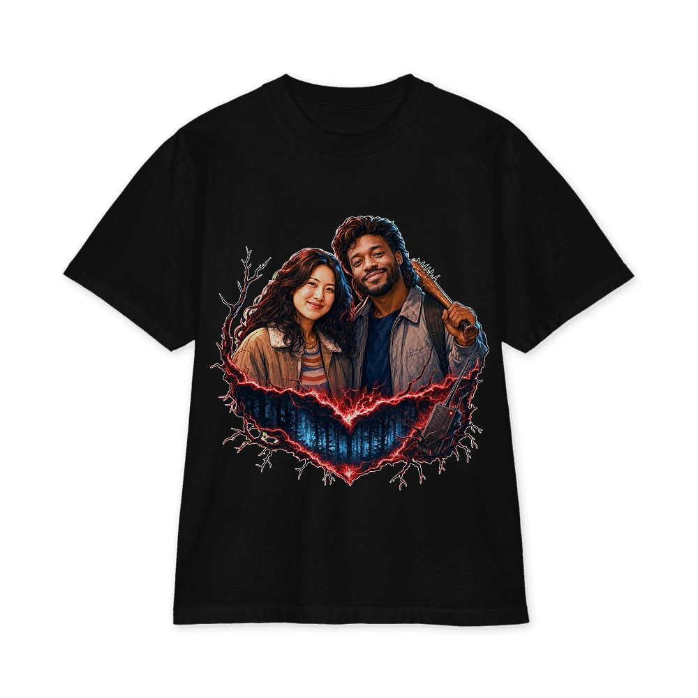 Stranger Things-inspired supernatural adventure portrait on a black T-shirt