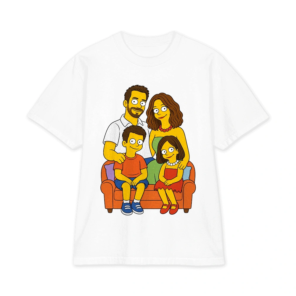 Simpsons-inspired family couch portrait artwork on a white T-shirt
