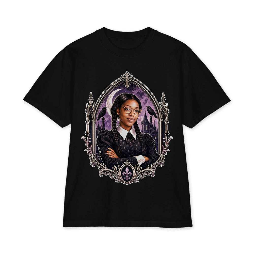 Wednesday-inspired gothic portrait artwork on a black T-shirt